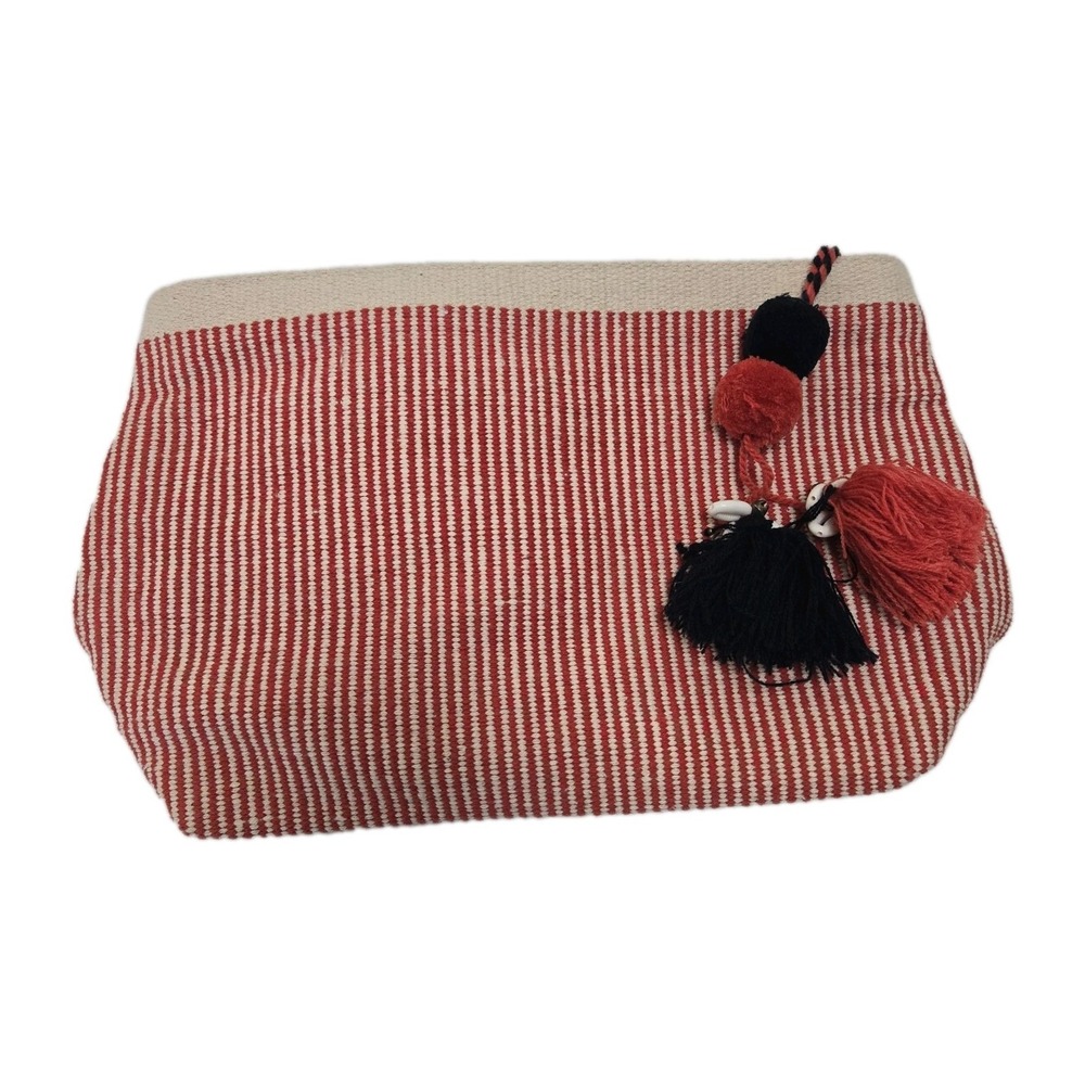 Woven Cosmetic Bag Seersucker Stripe‎ White Orange Tassel Bell Lined Zip Closure